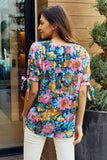 Floral V-Neck Tie Detail Blouse - Navy / Pink