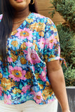 Floral V-Neck Tie Detail Blouse - Navy / Pink