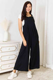 Cotton Wide Leg Overalls with Pockets - Black
