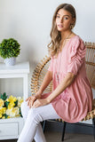 Waffle Knit V-Neck Babydoll Top - Rose