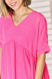 Swiss Dot Rolled Short Sleeve Babydoll Dress - Fuchsia