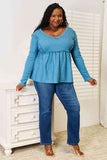 Waffle Weave Babydoll V-Neck Top - Blue
