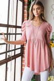 Waffle Knit V-Neck Babydoll Top - Rose