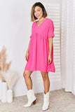 Swiss Dot Rolled Short Sleeve Babydoll Dress - Fuchsia