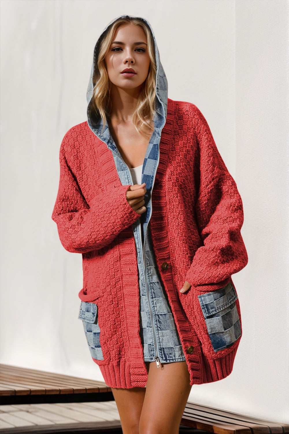 Double Take Full Size Hooded Denim Spliced Sweater Cardigan – Rust