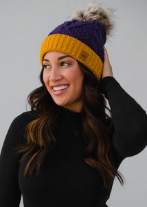 Cable Knit Faux Fur Pom Beanie Hat - Purple & Gold