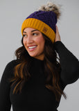 Cable Knit Faux Fur Pom Beanie Hat - Purple & Gold