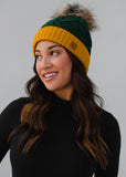 Cable Knit Faux Fur Pom Beanie Hat - Green & Gold