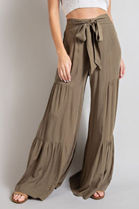 Tiered Wide Leg Tie Pants - Black, Olive, Terracotta or Mint