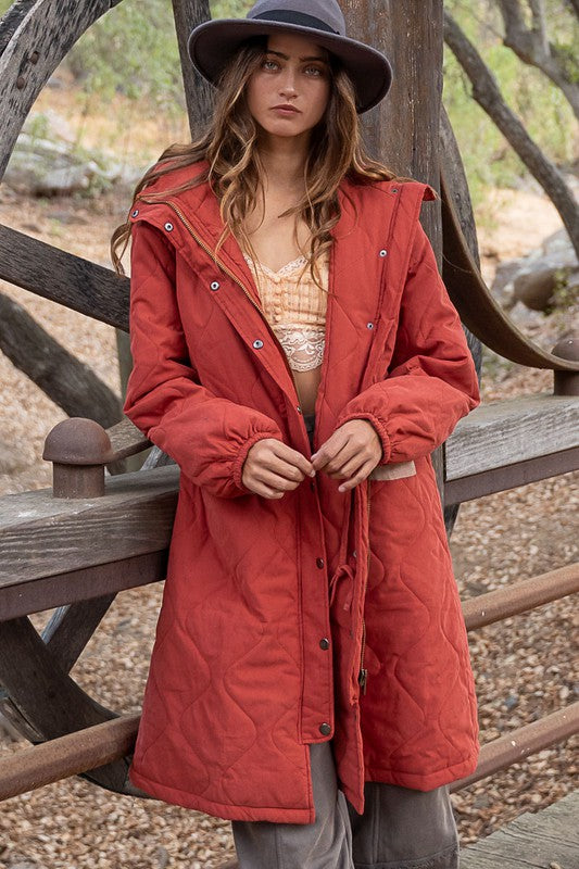POL Quilted Hooded Drawstring Jacket - Tomato
