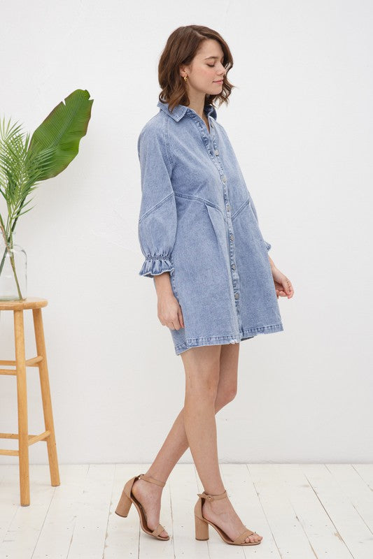 Washed Denim Puff Sleeve Dress - Pink or Denim  Rust and Rose Boutique