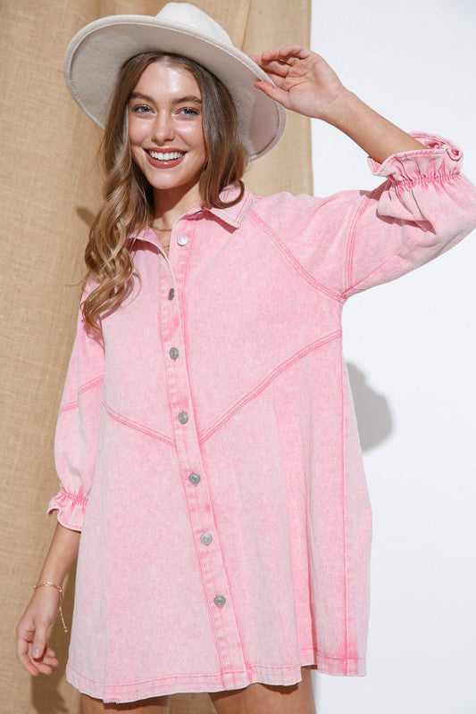 Washed Denim Puff Sleeve Dress - Pink or Denim Washed Denim Puff Sleeve Dress - Pink or Denim