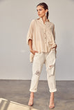 Wide Hi-Lo Button Up Shirt - Taupe or Blue