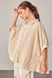 Wide Hi-Lo Button Up Shirt - Taupe or Blue