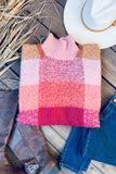 Plaid Turtleneck Fringed Poncho Sweater - Pink