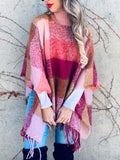 Plaid Turtleneck Fringed Poncho Sweater - Pink