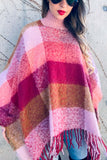 Plaid Turtleneck Fringed Poncho Sweater - Pink