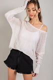 Off Shoulder Eyelet Knit Sweater - White, Black, Green or Coco