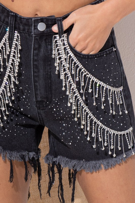 Gem Rhinestone Fringe Denim Shorts - Blue Wash or Charcoal