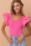 Puff Shoulder Ruffle Sleeve Bodysuit - Pink, White or Black