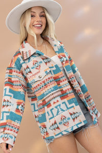 Aztec Western Shacket w/Pockets - Teal or Beige