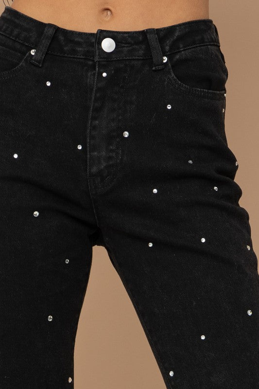 Studded Rhinestone Distressed Denim Jeans - Pink or Black