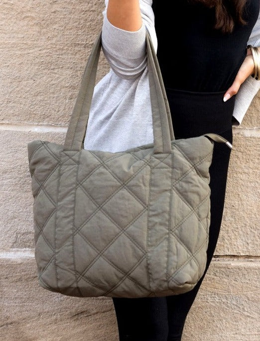 Quilted Tote Bag Purse - Olive, Black, Beige or Gray