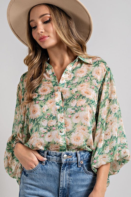 Smocked Cuff Floral Button-up Blouse - Kelly Green