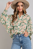 Smocked Cuff Floral Button-up Blouse - Kelly Green