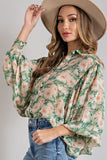 Smocked Cuff Floral Button-up Blouse - Kelly Green