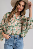 Smocked Cuff Floral Button-up Blouse - Kelly Green
