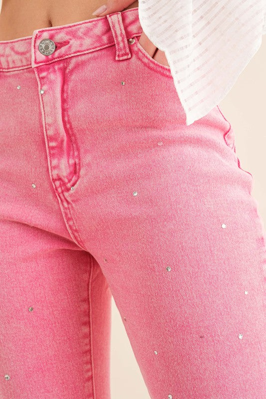 Studded Rhinestone Distressed Denim Jeans - Pink or Black