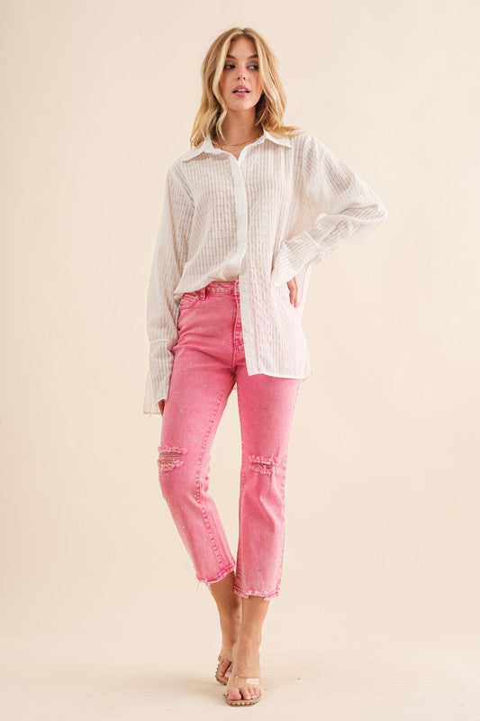 Studded Rhinestone Distressed Denim Jeans - Pink or Black
