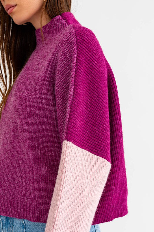 Color Block Oversized Crop Sweater - Magenta or Gray