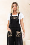 Leopard Trim Knit Overalls - Washed Black