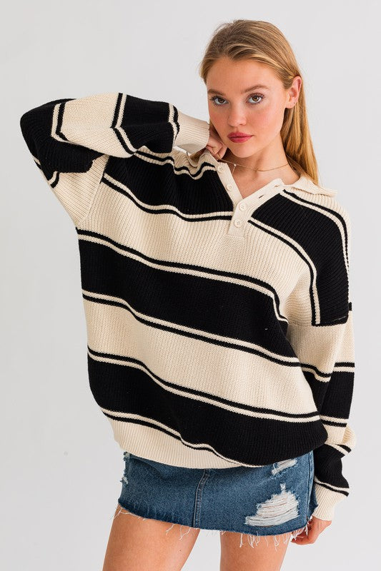Collared Oversized Striped Sweater - Black & Cream
