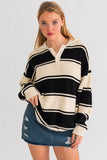 Collared Oversized Striped Sweater - Black & Cream