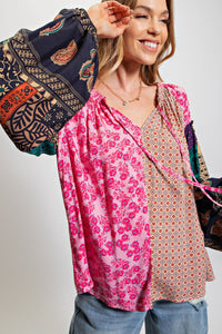 Mixed Print Boho Blouse - Pink
