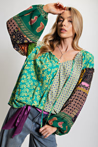 Mixed Print Boho Blouse - Atlantis Green