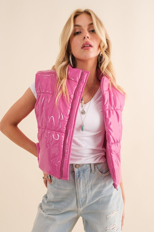 Shiny Quilted Puffer Zip Up Crop Vest - Pink, Black or Tan
