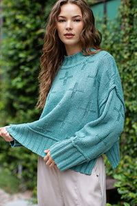Slouchy Turtleneck Cross Pattern Sweater - Off White or Sage