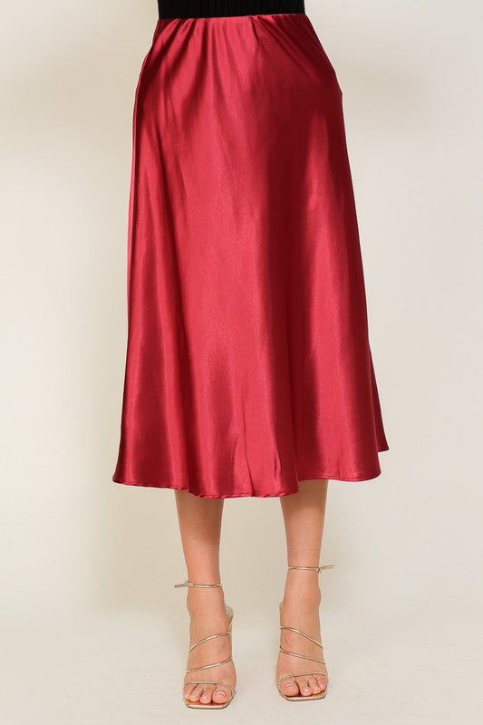 Satin Midi Flare Skirt Burgundy Navy or Lavender