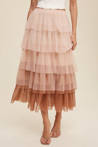 Gradient Tiered Tulle Maxi Skirt - Mocha