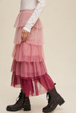 Gradient Tiered Tulle Maxi Skirt - Magenta