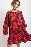 Floral Print Satin Bubble Sleeve Dress - Eggplant