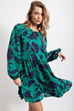 Floral Print Satin Bubble Sleeve Dress - Deep Green
