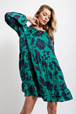 Floral Print Satin Bubble Sleeve Dress - Deep Green