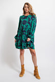 Floral Print Satin Bubble Sleeve Dress - Deep Green