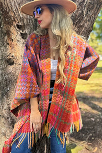 Zig Zag Cozy Knit Ruana Shawl Sweater - Red Multi