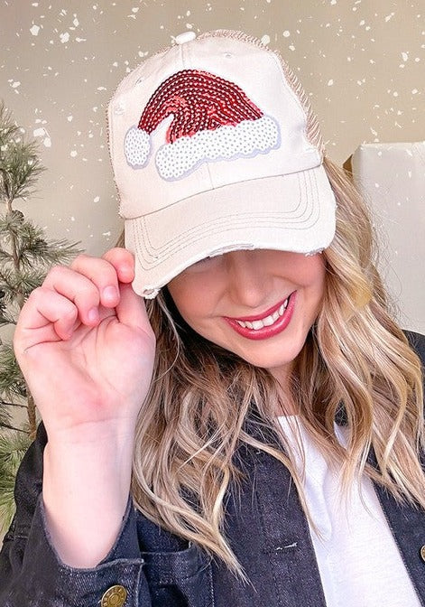 Santa Hat Sequin Patch Vintage Hat - Natural